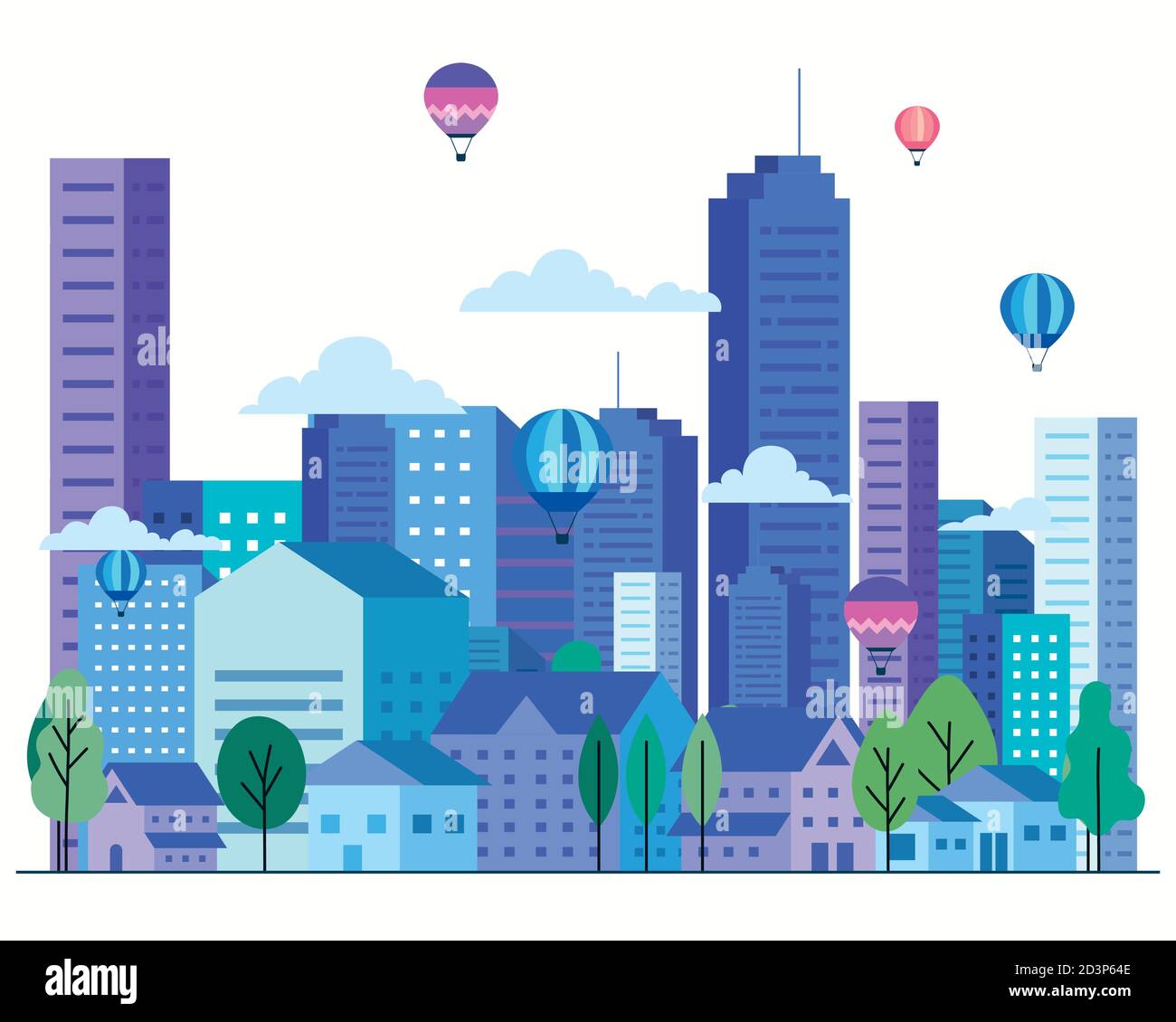 City landscape with buildings houses hot air balloons trees and clouds ...