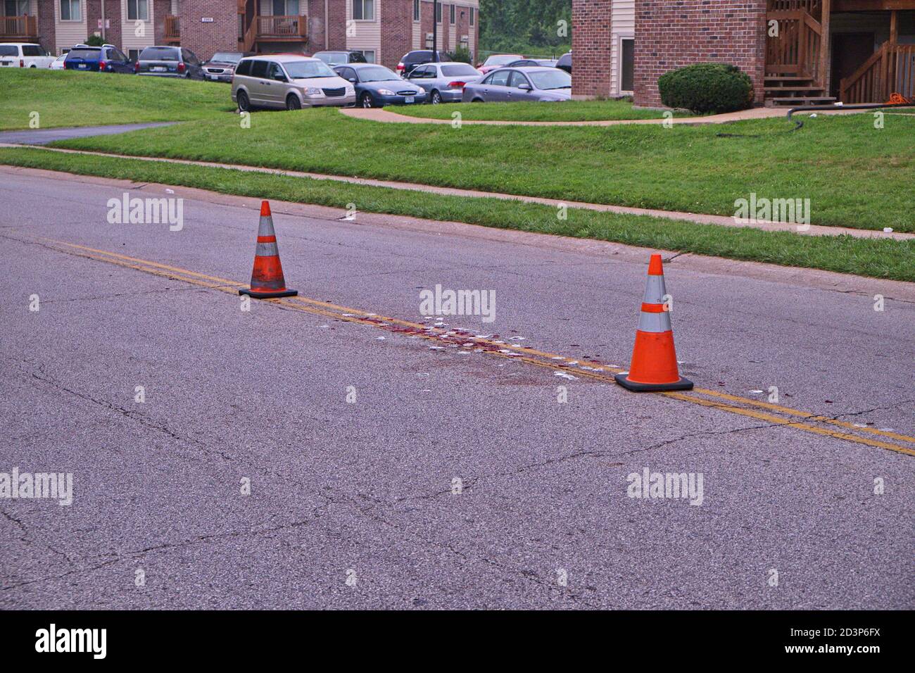 The location on Canfield Drive in Ferguson, Missouri where Michael Brown was shot by Ferguson officer Darren Wilson. The two safety cones indicate the location of his head and feet. Stock Photo