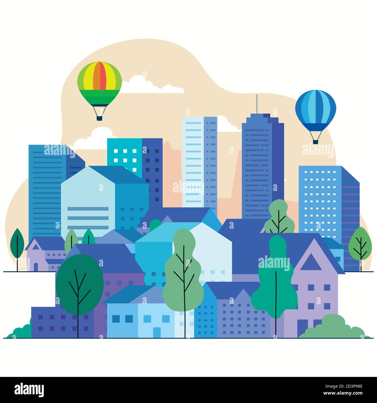 City landscape with buildings houses hot air balloons trees and clouds ...