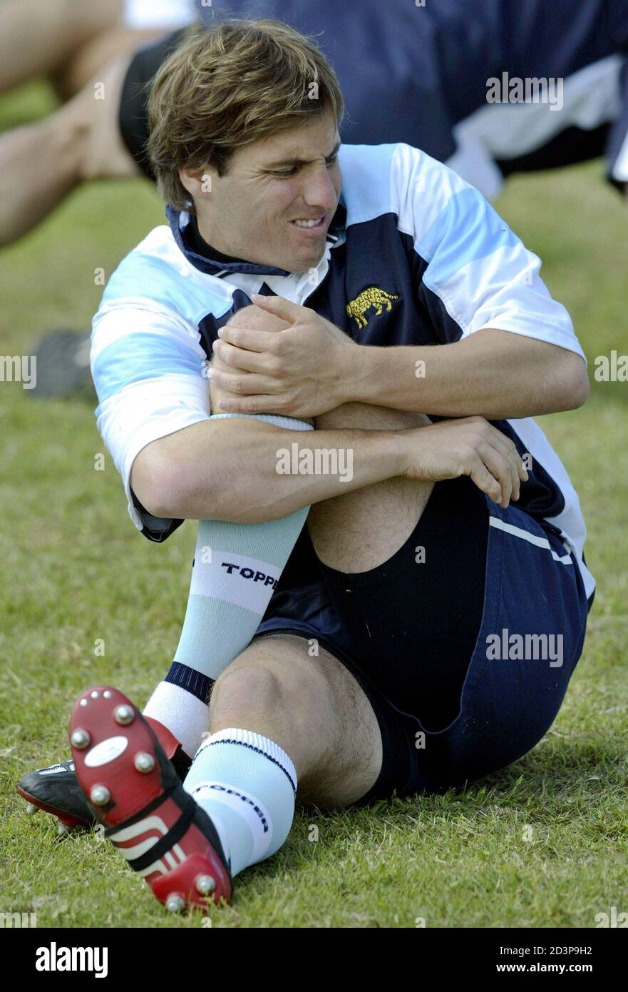 Argentina's Gonzalo Quesada, of the national rugby team Los Pumas,  stretches his leg during his team's practice at the Randwick Army Barracks  in Sydney ahead of the Rugby World Cup October 7,