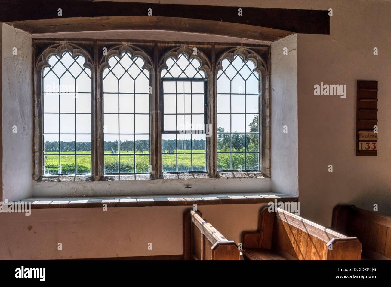 View out of an English country church. Church of St Peter & St Paul at West Newton on the Sandringham Estate, Norfolk. Stock Photo