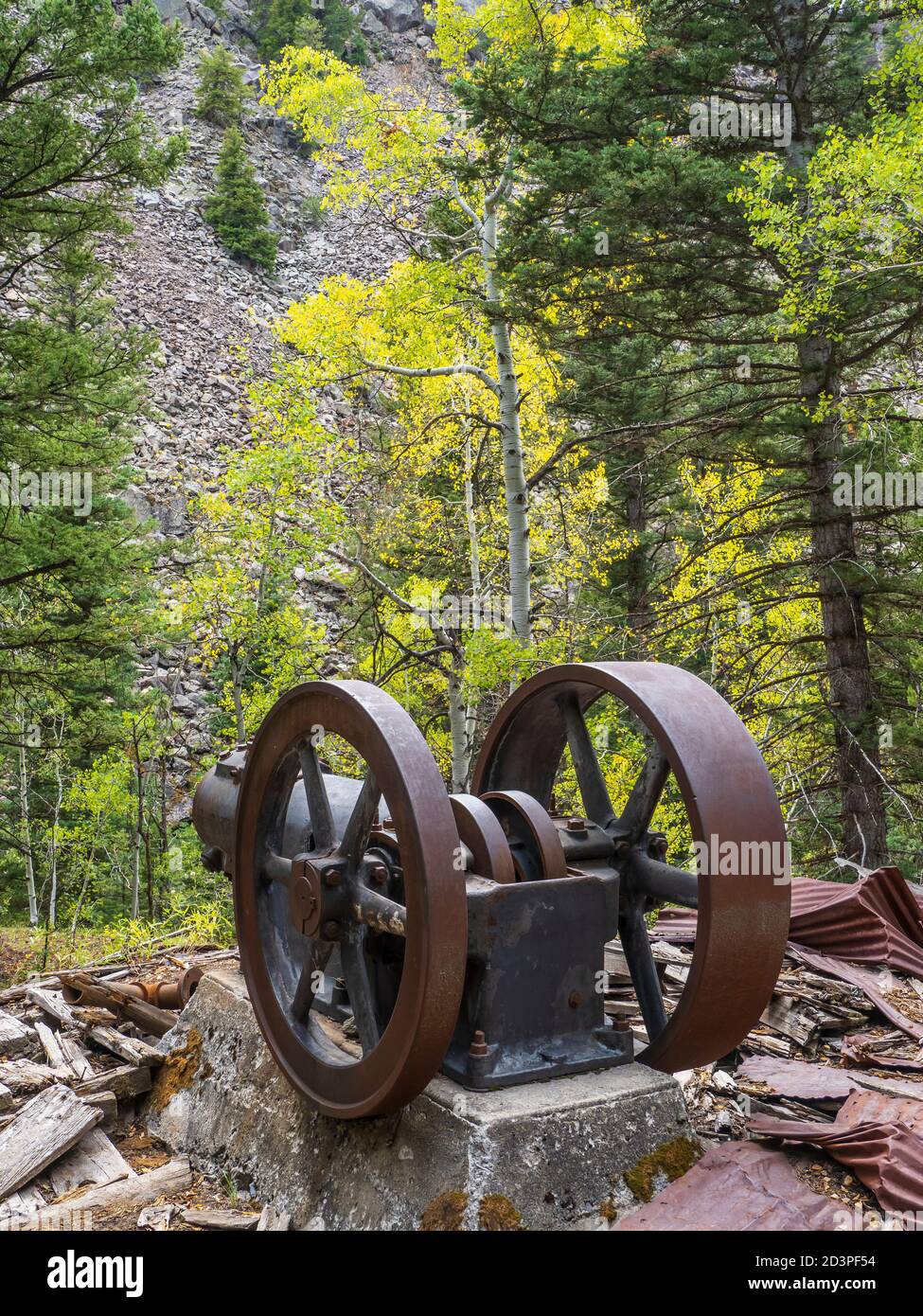 Pump, Old Maid Mine site, Dexter Creek Trail, Uncompahgre National Forest, Ouray, Colorado. Stock Photo