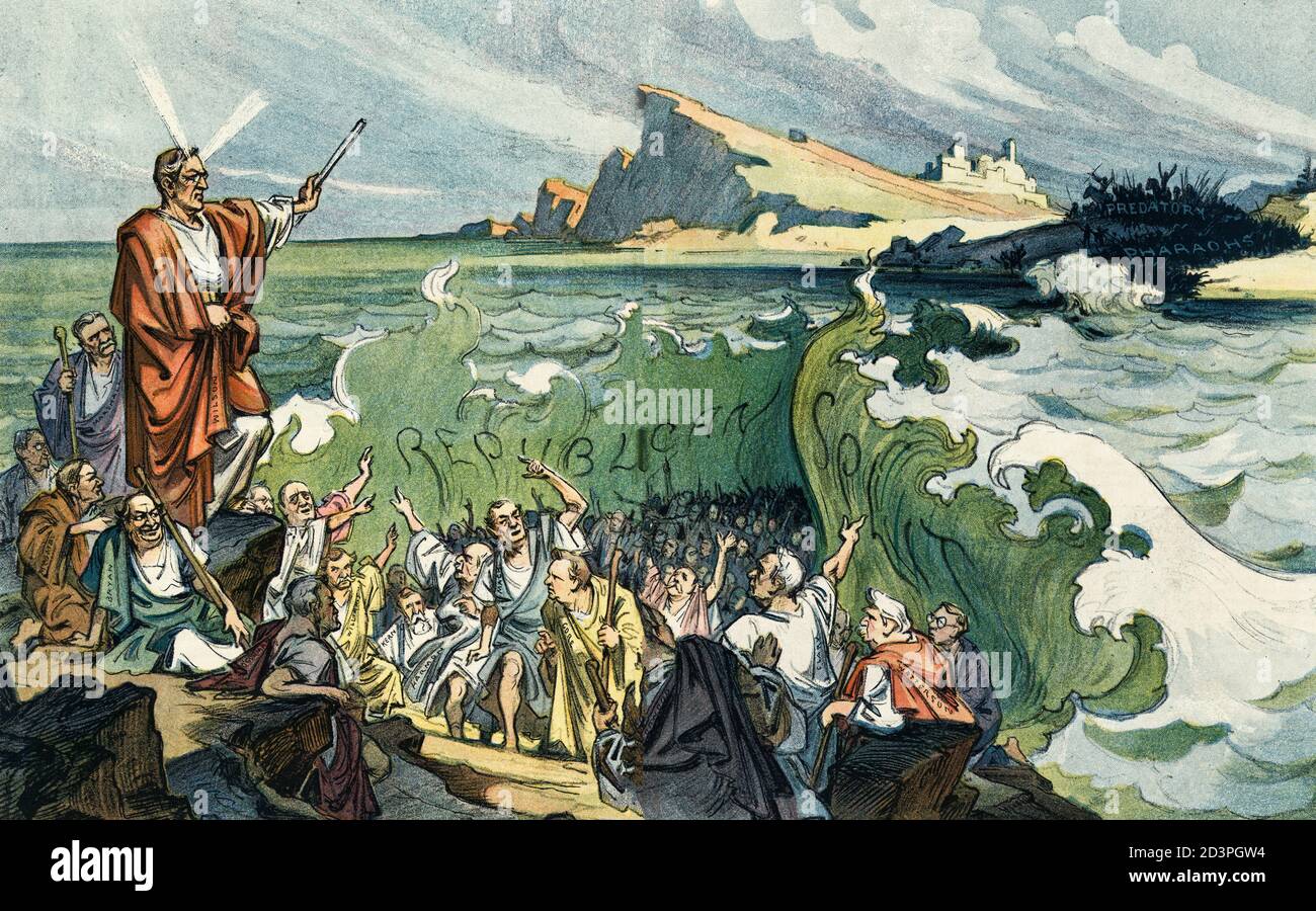 And the waters were divided - Illustration shows Woodrow Wilson, as Moses, standing on a rock with left arm raised, at the parting of the seas labeled Republican Split through which a horde of Democrats labeled Marshall, M'Combs, Bryan, Kern, Williams, O'Gorman, Harmon, Mack, Gore, Underwood, Clark, Watterson, and Harvey escape the Predatory Pharaohs caught on the far shore as the sea closes between them. Political Cartoon, 1912 Stock Photo