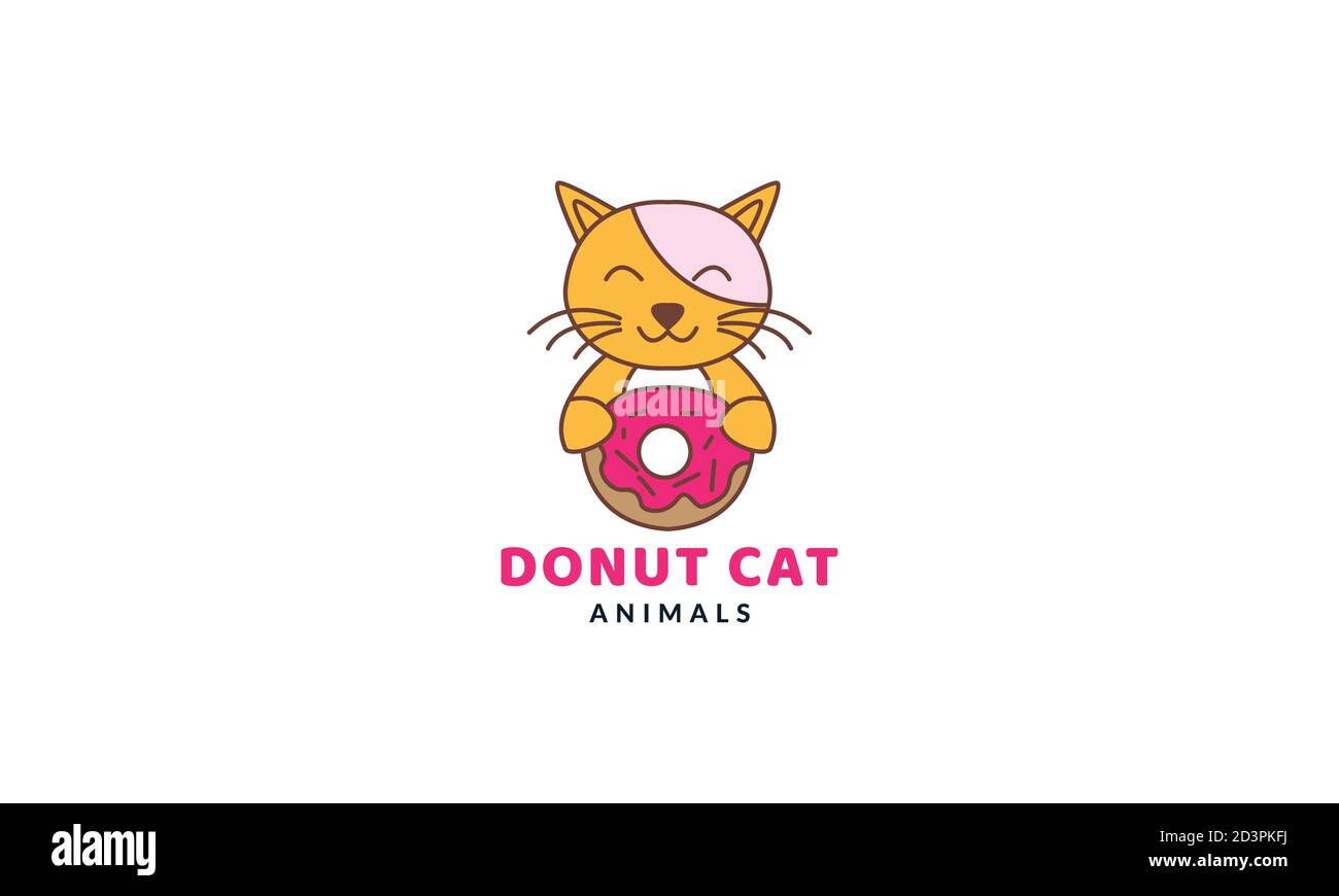 cat or kitty or kitten eat donut cake cute cartoon vector  illustration Stock Vector