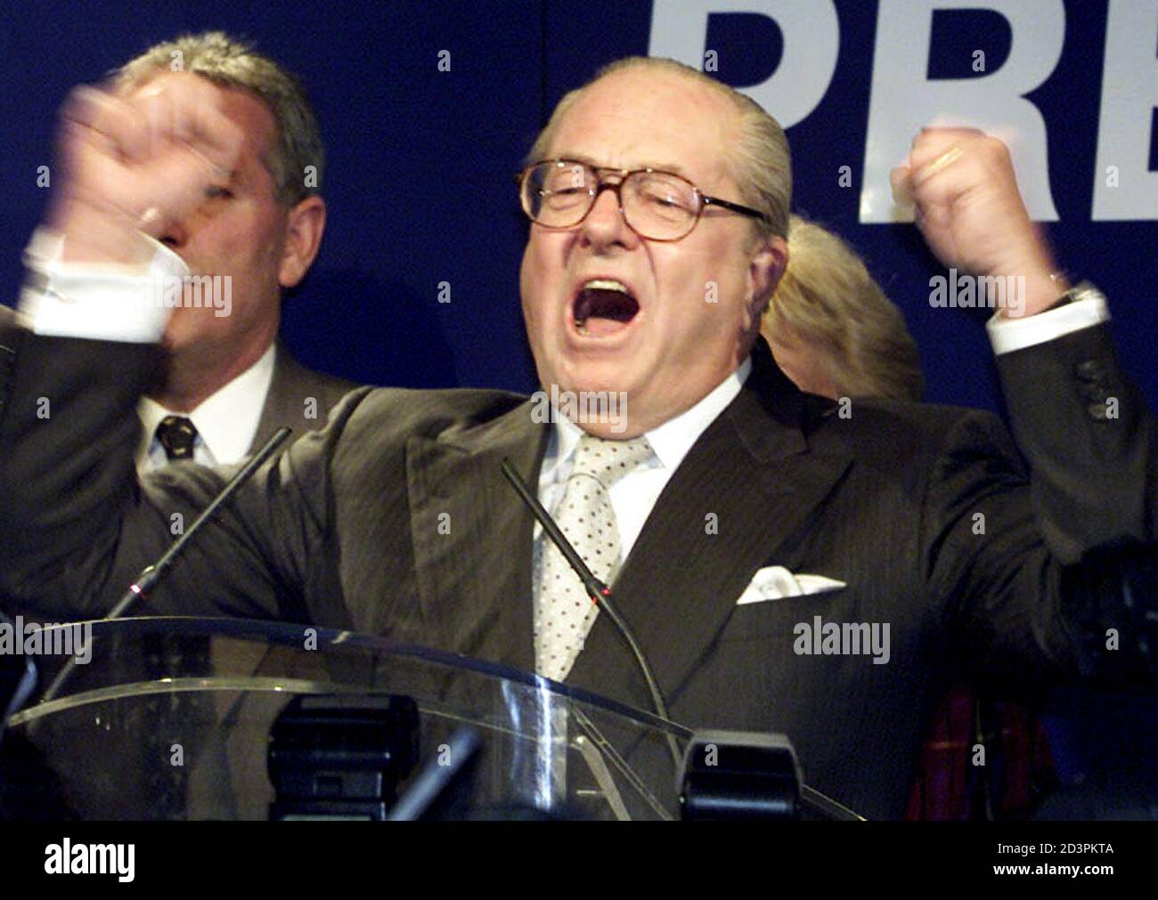 French extreme right National Front party leader Jean-Marie le Pen  addresses supporters at his campaign headquarters in Saint Cloud near  Paris, April 21, 2002 after beating French socialist Prime Minister Lionel  Jospin