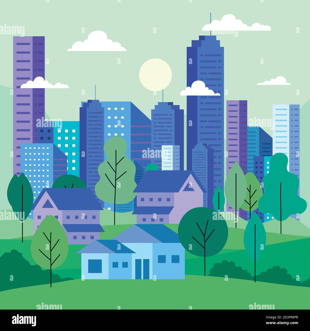 City landscape with buildings houses trees clouds and sun vector design ...