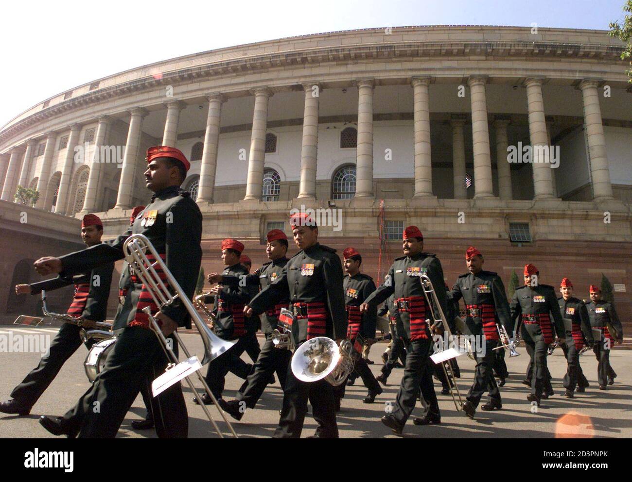 Soldiers from the Infantry Band from Jammu and Kashmir leave after their performance at the parliament building in New Delhi January 22, 2003. The Indian Parliament's, which was created by British designer Sir Edward Lutyens celebrated its golden jubilee on Wednesday with a release of book on the subject and military bands taking part in the celebrations. REUTERS/Kamal Kishore  JSG/ Stock Photo