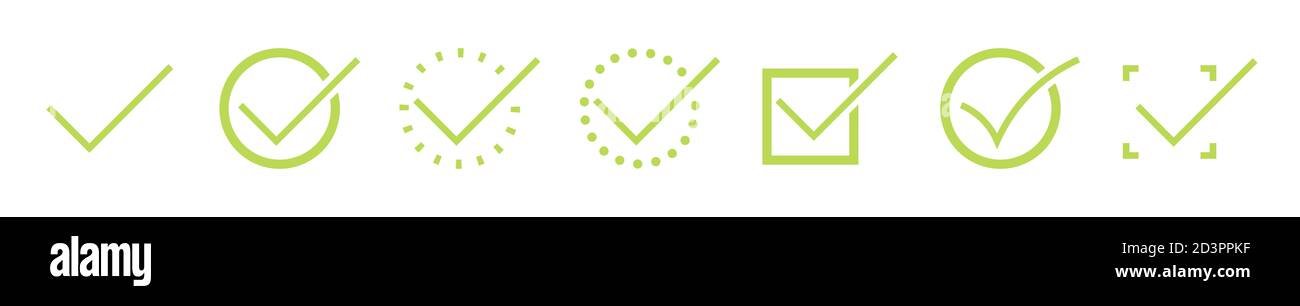 Green check mark icon set. Circle and square. Tick symbol in green ...