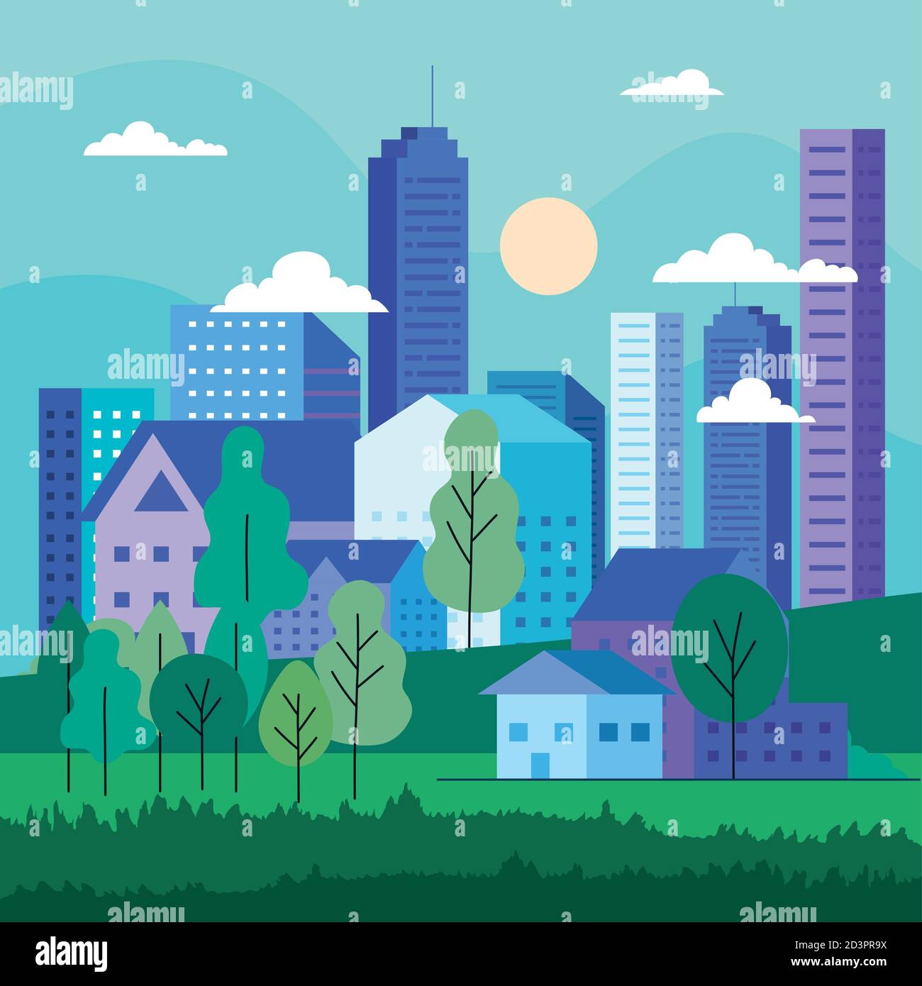 City landscape with buildings houses trees clouds and sun vector design ...