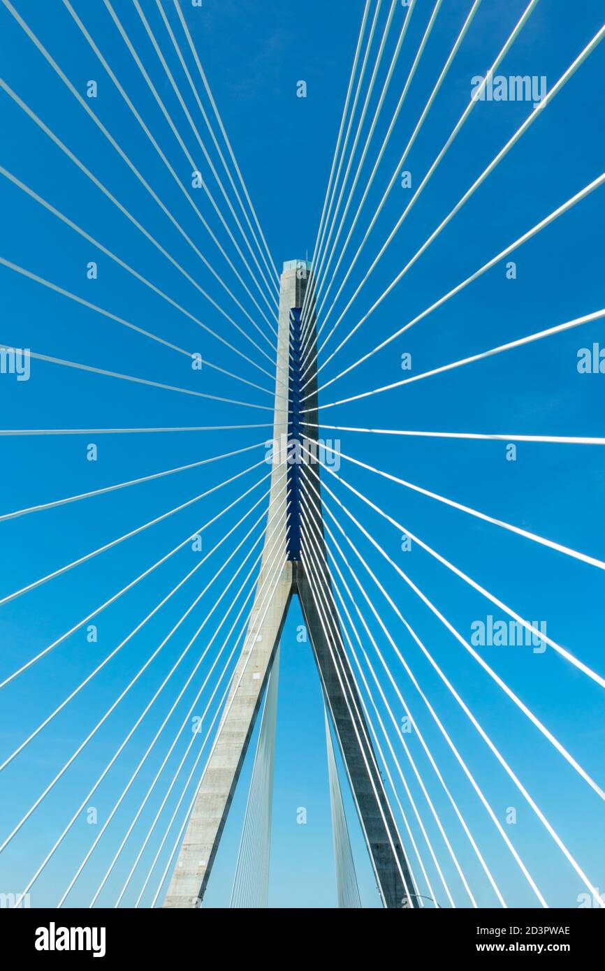 Detail of suspension bridge, support tower and tie rods or tension