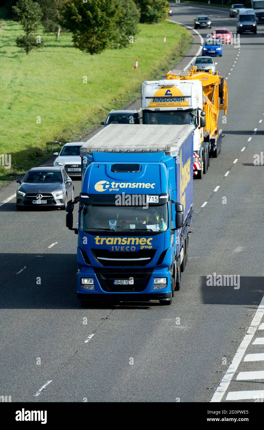 Transmec Group lorry on the M40 motorway, Warwickshire, UK Stock Photo