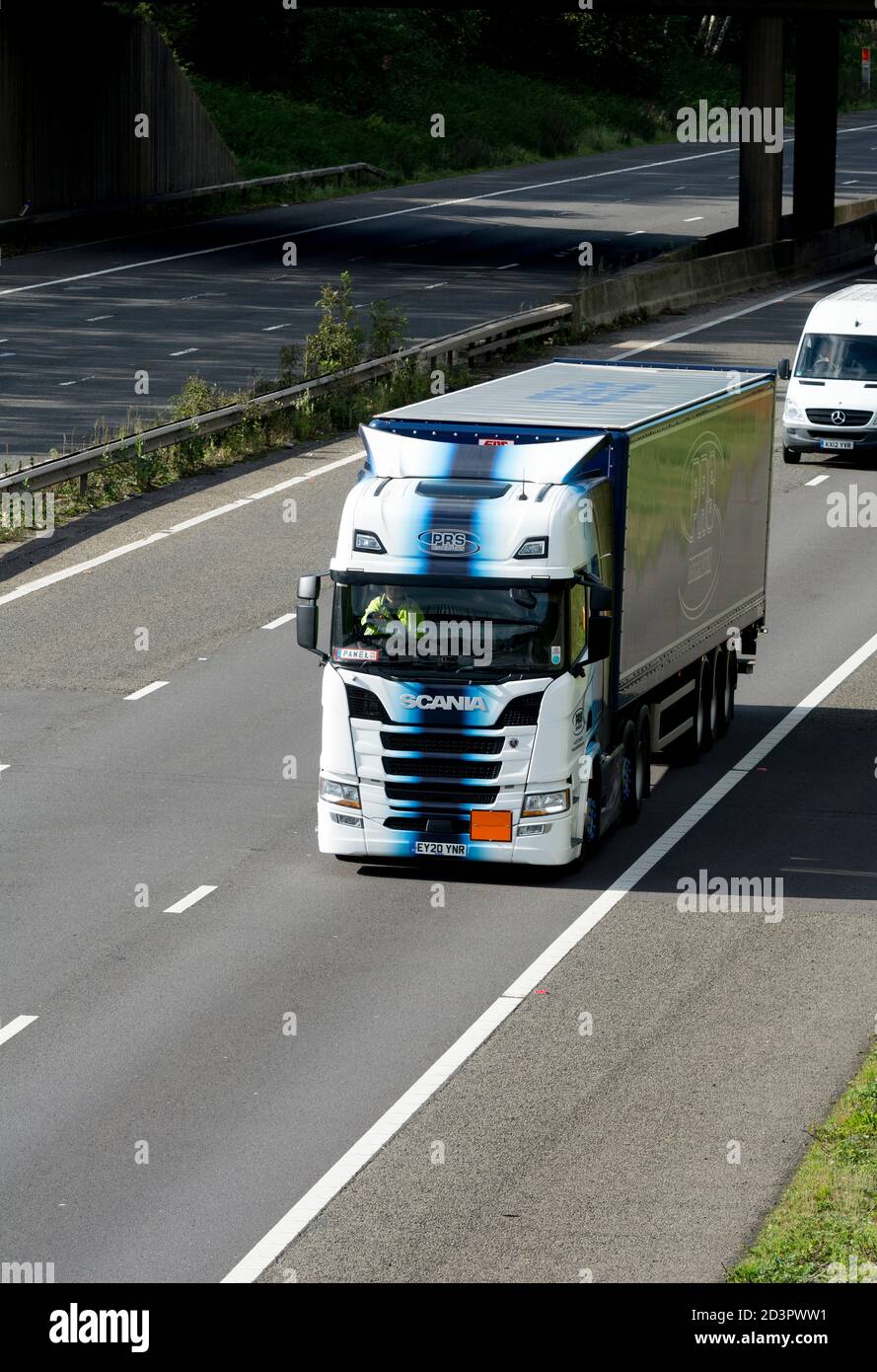 A PRS Distribution Scania lorry on the M40 motorway, Warwickshire, UK Stock Photo