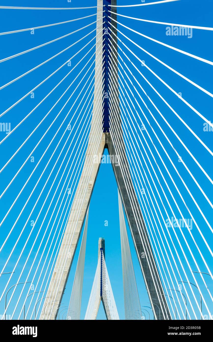 Detail of suspension bridge, support tower and tie rods or tension