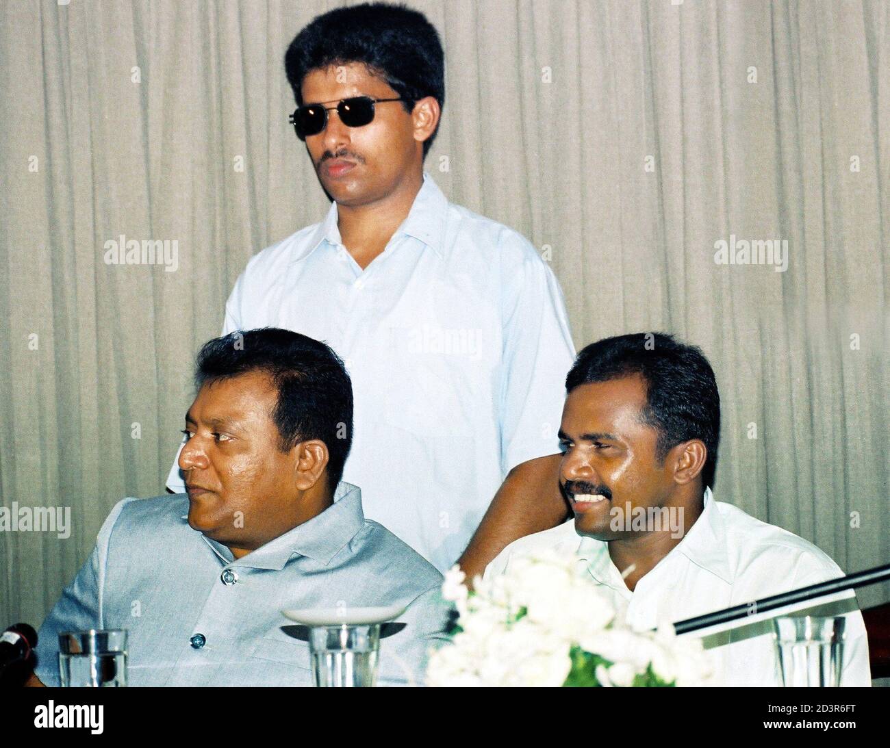 SRI LANKA&#39;S TOP TAMIL TIGER LEADER VELUPILLAI PRBHAKARAN AND FORMER HEAD OF  THE EASTERN FACTION OF THE TAMIL TIGER REBELS VINAYAGAMOORTHI MURALITHARAN,  ALSO KNOWN AS KARUNA TALKS AT A NEWS CONFERENCE. Sri