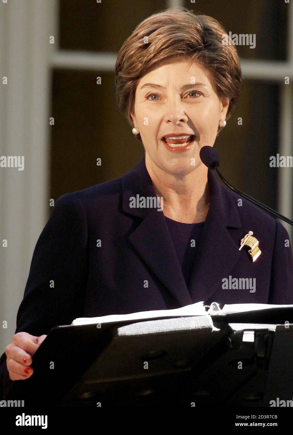 United States first lady Laura Bush speaks at grand opening ceremonies for the newly restored McLellan House and L.D.M Sweat Memorial Galleries at the Portland Museum of Art, October 5, 2002 in Portland, Maine. Stock Photo