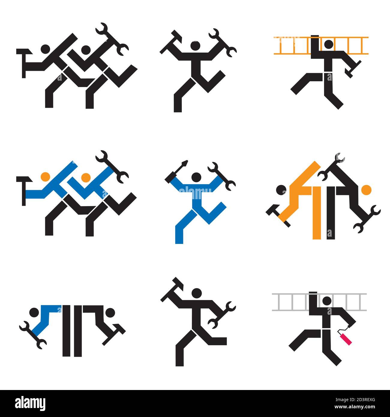 Repairman, fitter, handyman icons. Set of black an colorful symbols with workers with tools. Vector available. Stock Vector