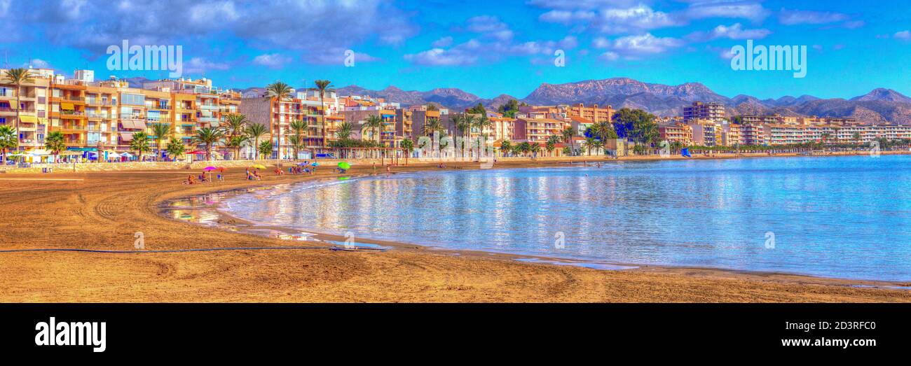 Puerto de Mazarron Murcia Spain beach and sea with bright vivid colours panoramic view Stock Photo