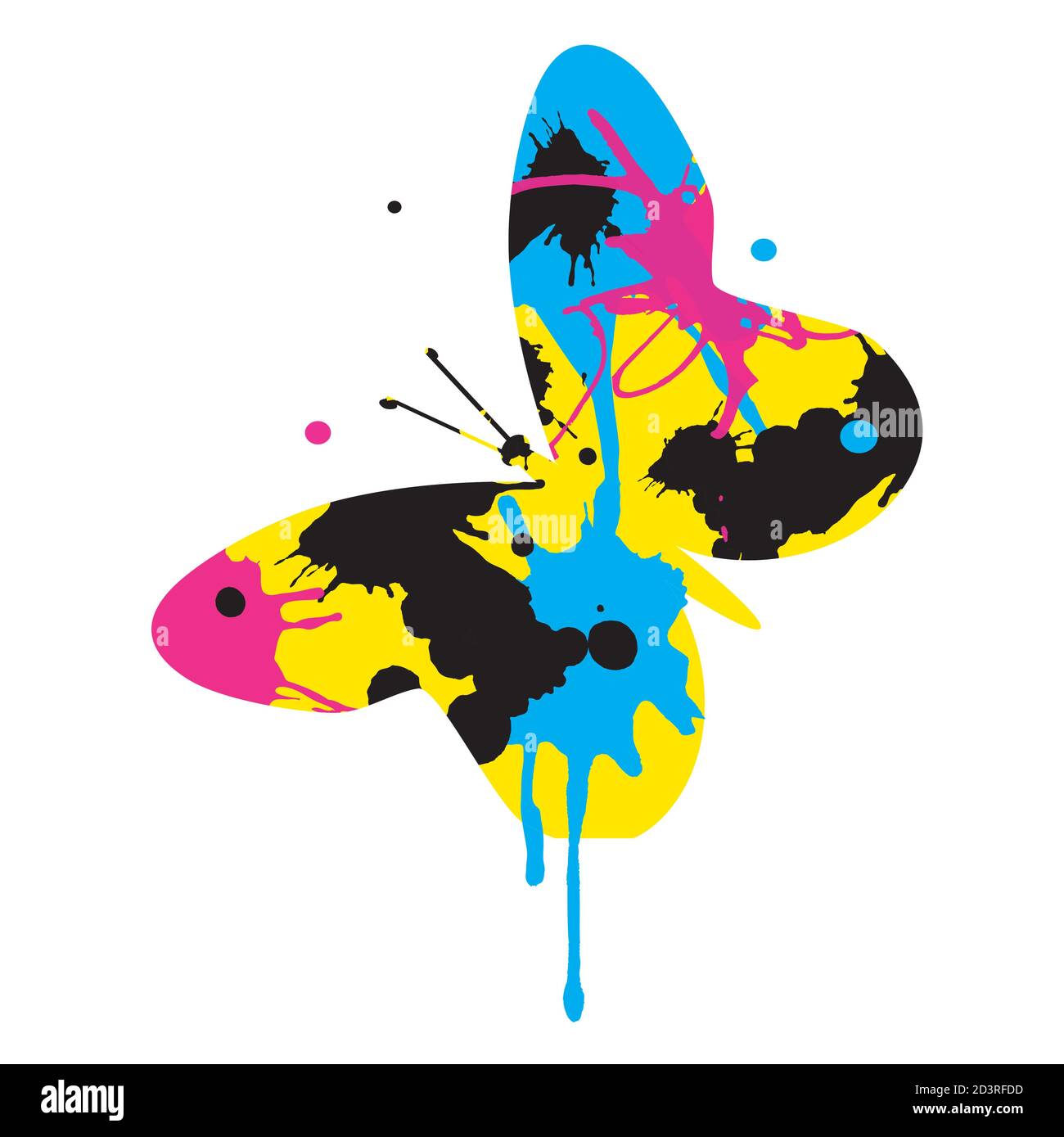 Butterfly with CMYK print colors. Silhouette with colorful splatters . Concept for presenting color printing. Vector available. Stock Vector