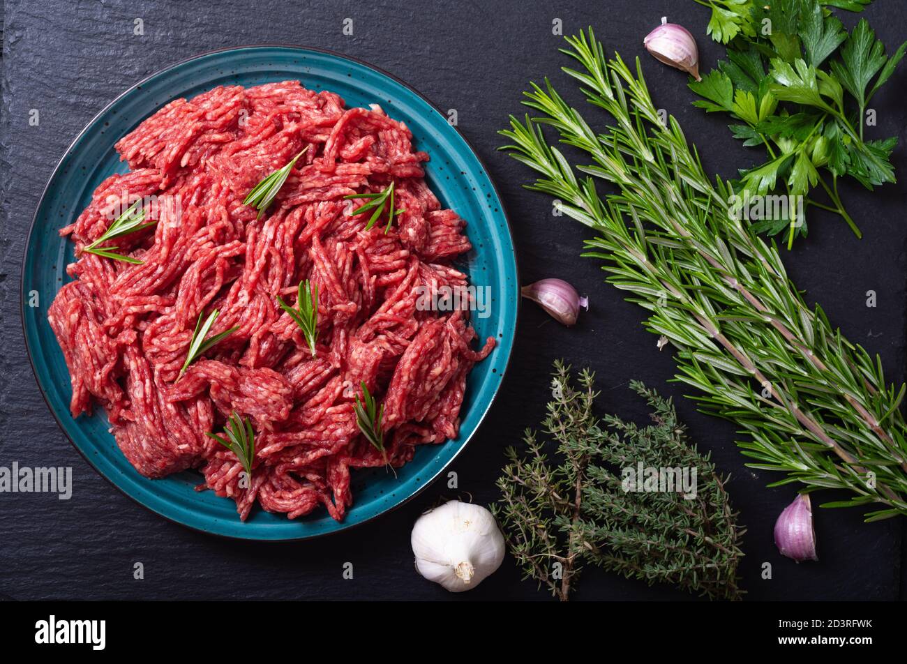 raw beef ground with ingredient : salt , herbs and spices Stock Photo