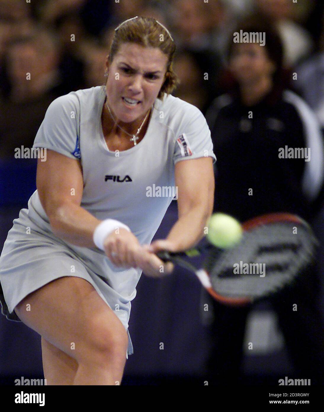 Jennifer Capriati the United States hits a backhand return to Anna Kournikova of Russia during their first round match at Chase Championships of the WTA Tour at New York's Madison