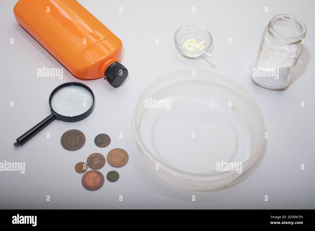 Corroded Copper Coins Lay On The Table Surface Before Cleaning And Patinating Nearby Phosphoric Acid And Soda For Cleaning From Corrosion Sulfuric Stock Photo Alamy