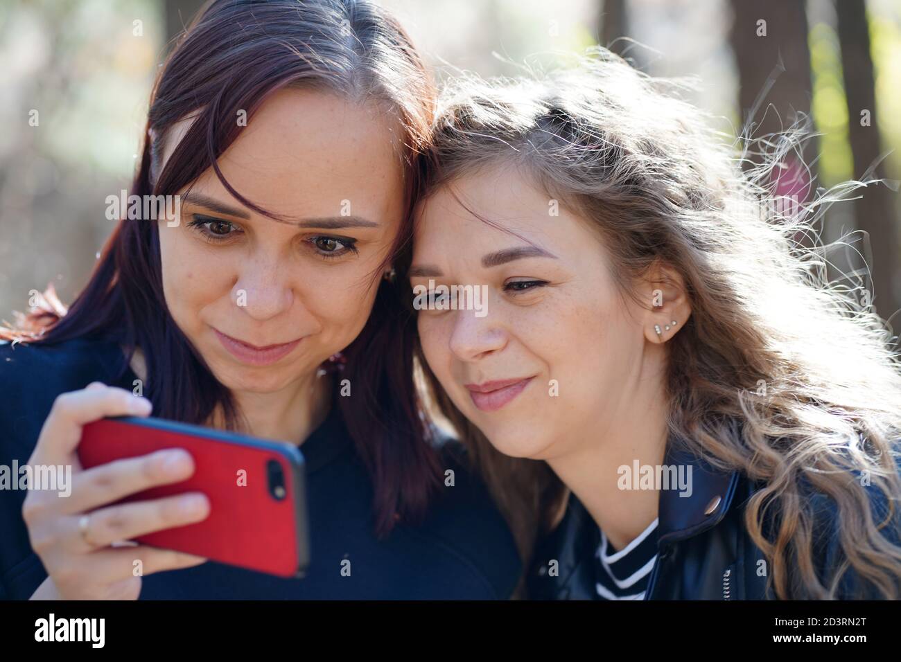 Close up of young women browsing mobile phone in wood. Pretty females gossip, looking in smartphone. Concept of meeting of girlfriends. Stock Photo