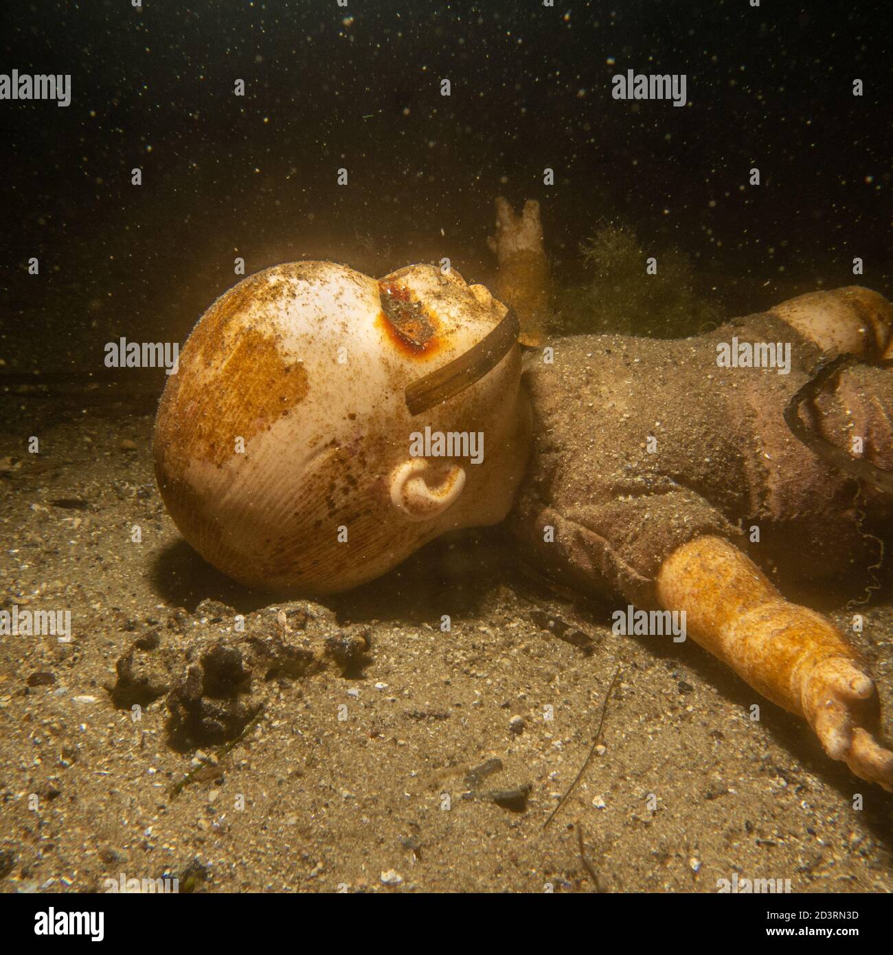 A scary doll underwater at a wreck dive. Picture from The Sound outside Malmo, southern Sweden Stock Photo