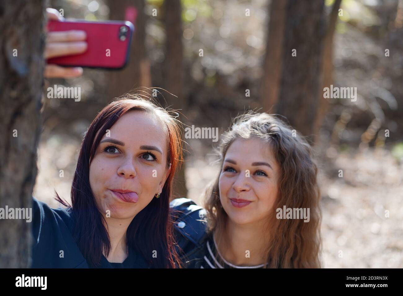 Close up of young women taking selfie on smartphone in wood. Pretty females photographing on mobile phone. Stock Photo