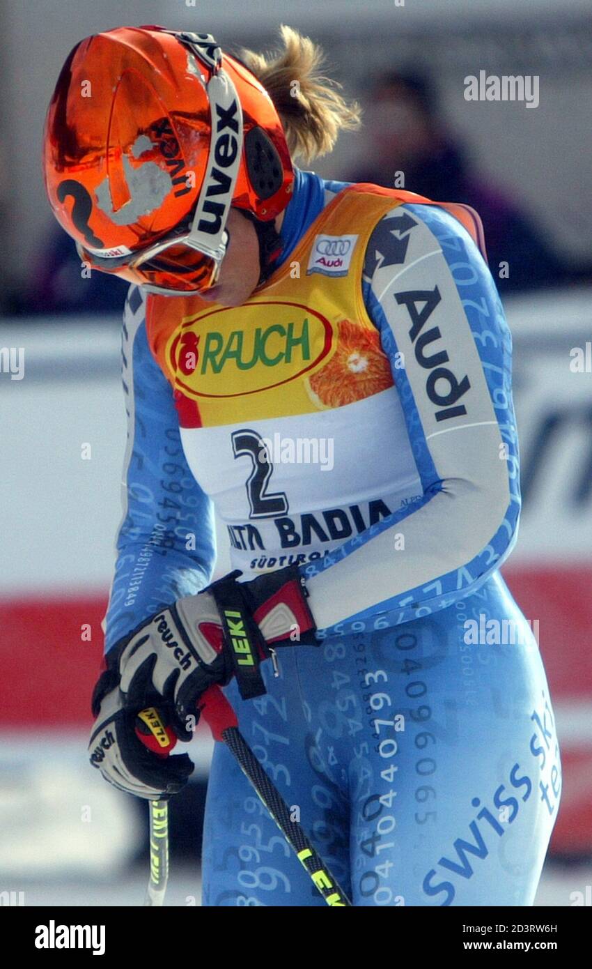 Swiss Sonja Nef reacts after finishing in seventh place in the women's World Cup Giant Slalom at