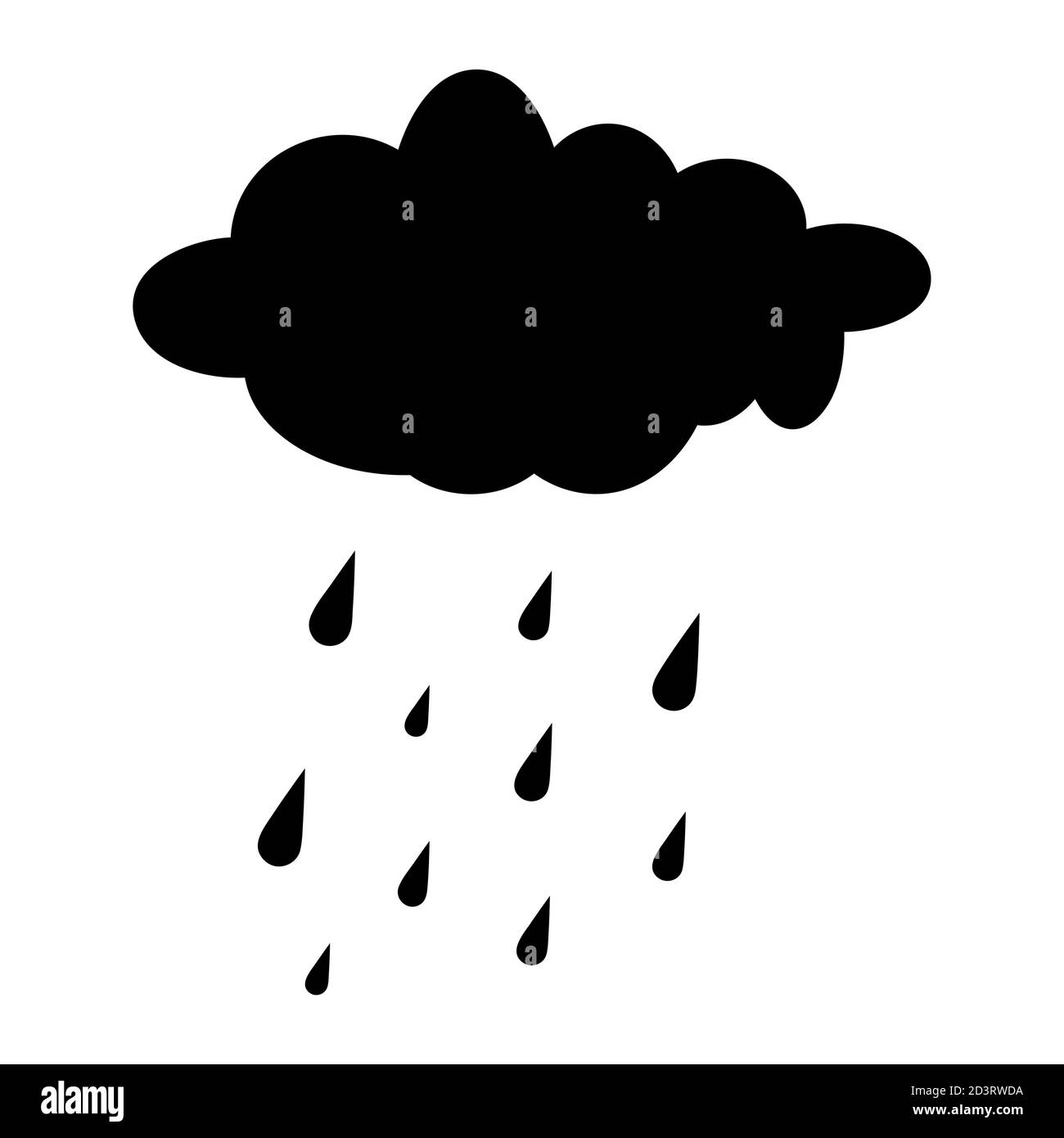 Rain cloud silhouette isolated on white. Cartoon, autumnal forecast clipart with water drops. Illustration of rainy cumulus with droplets falling down Stock Vector