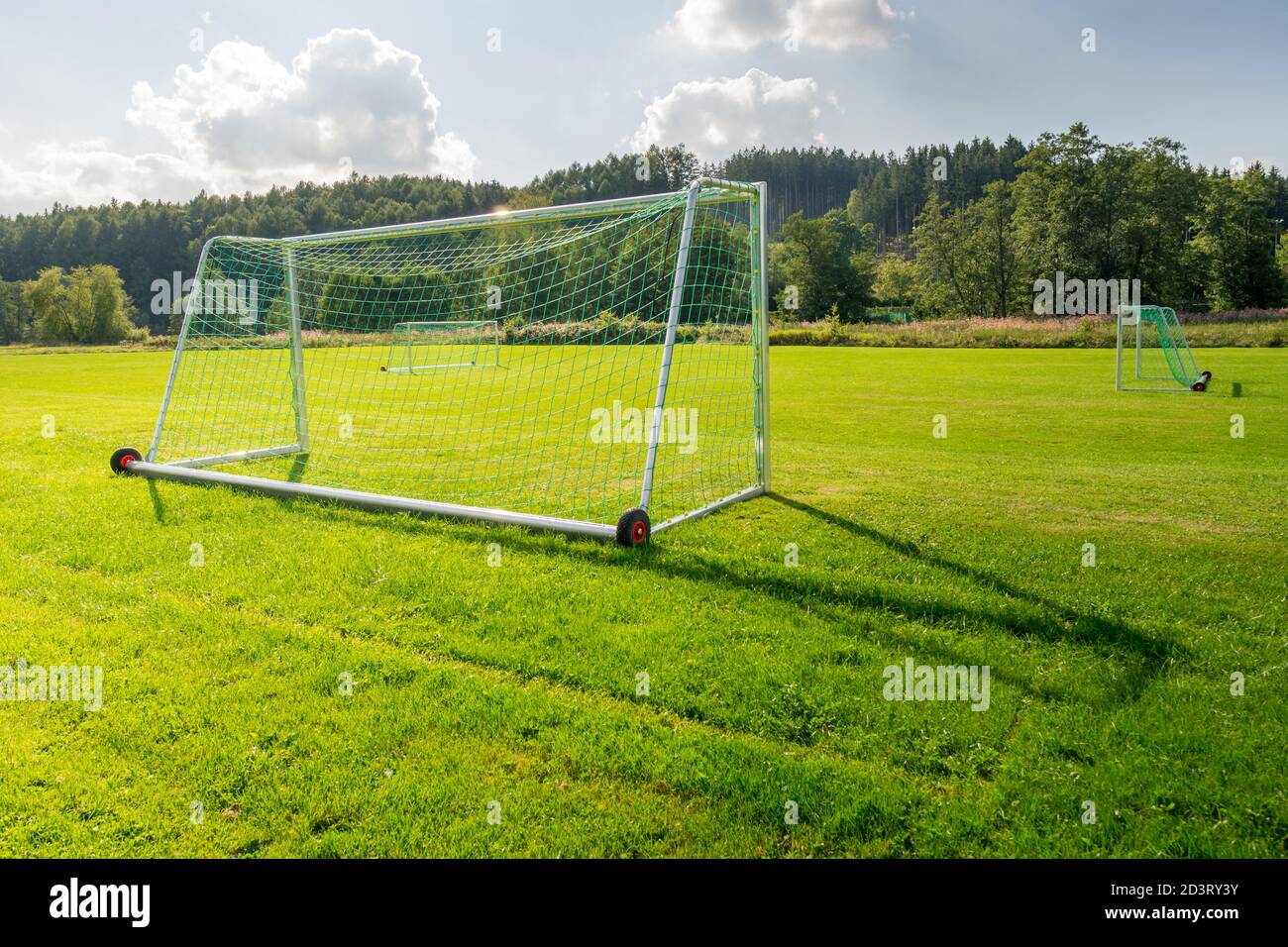 Soccer goal on a green soccer field Stock Photo