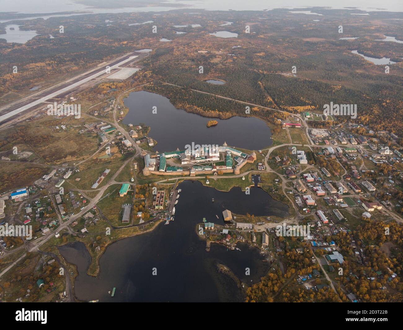 Bird's eye view of the Solovetsky Monastery and the village. Russia, Arkhangelsk region Stock Photo
