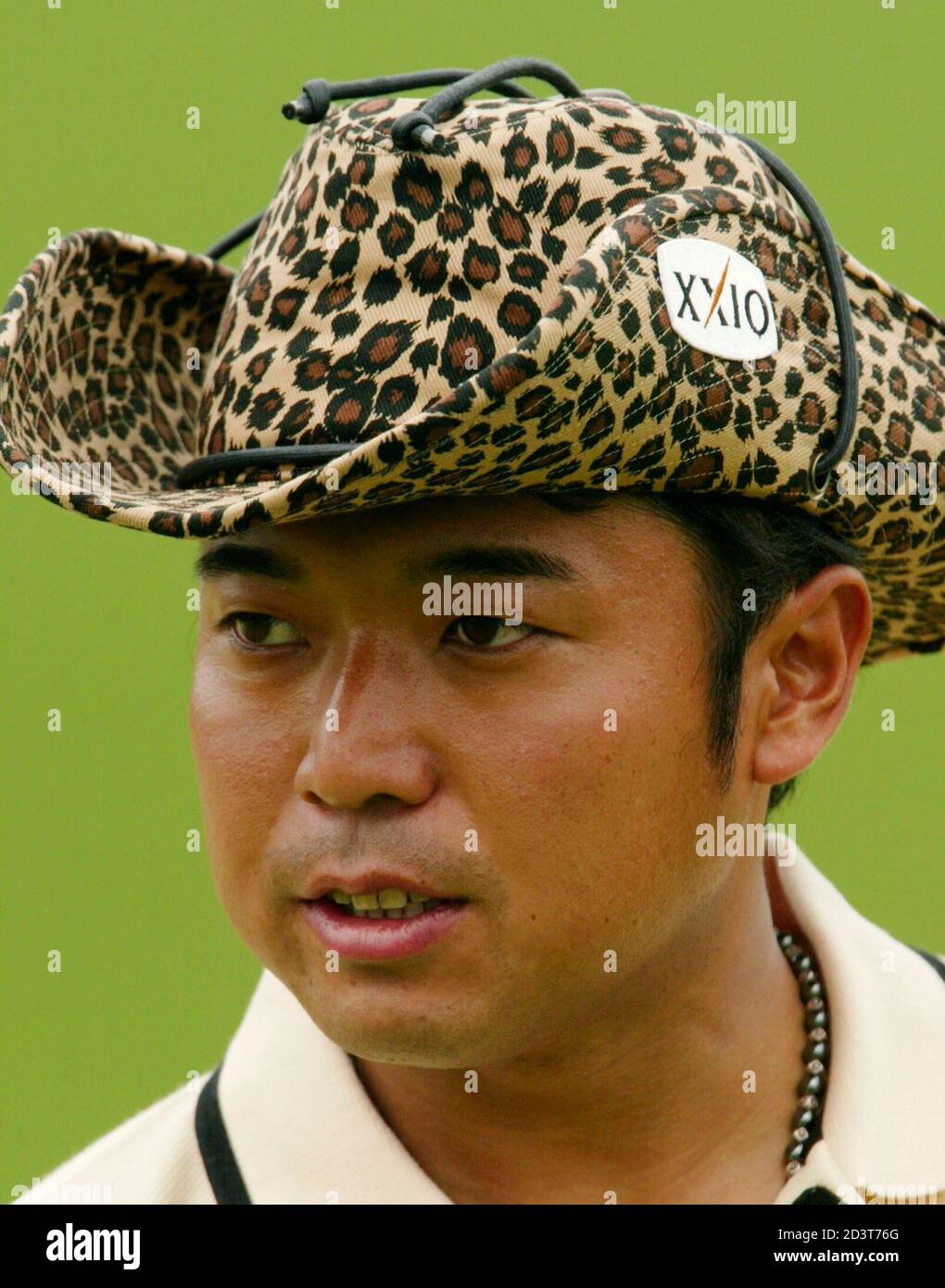 Shingo Katayama of Japan wears a leopard print cowboy hat on the ninth hole  during his practice round for the 2002 Masters at Augusta National Golf  Club April 9, 2002. First round