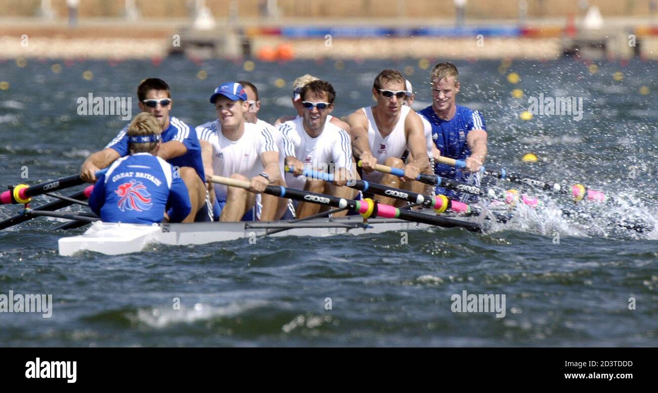 Members of the British men's eight fight the wind and rough water while practicing at the Schinias Olympic Rowing Centre outside of Athens August 16, 2004. High winds and rough water on the course forced officials to cancel all competition for the day. REUTERS/Andy Clark  AC/AA Stock Photo