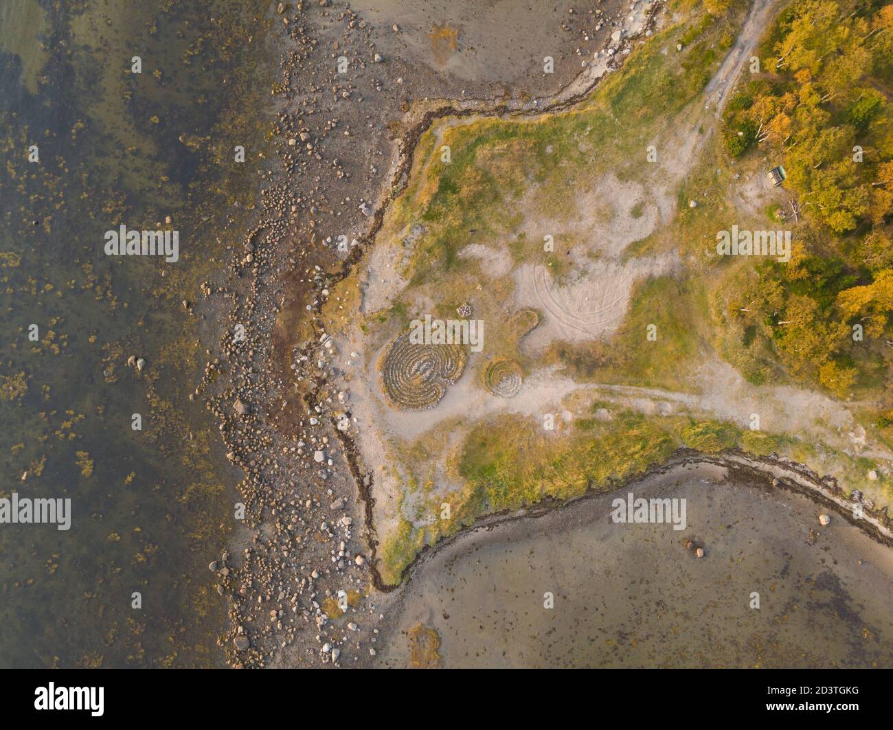 Cape with stone labyrinths on Bolshoy Solovetsky Island. Russia, Arkhangelsk region Stock Photo