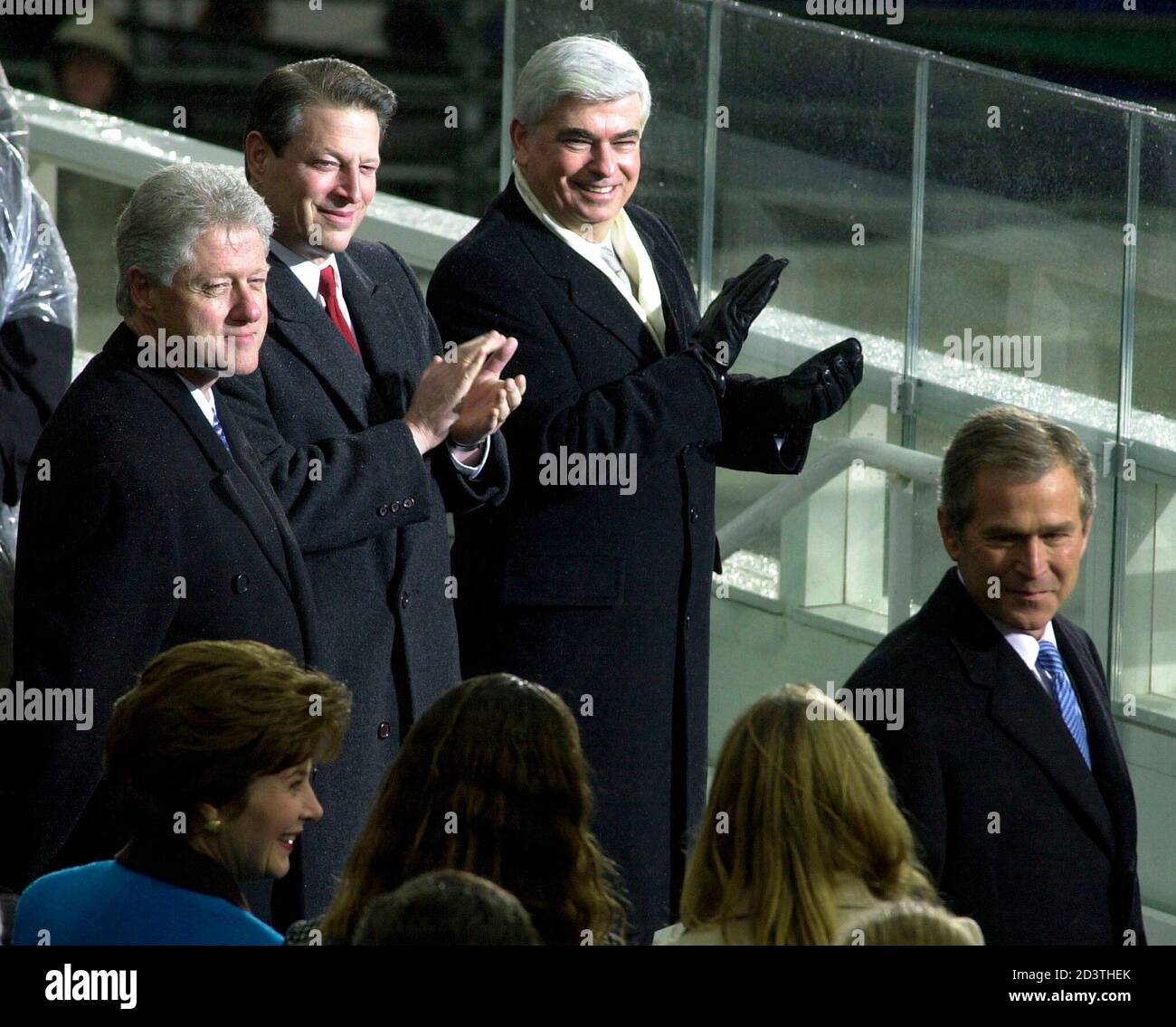 us-president-bill-clinton-l-vice-president-al-gore-2l-and-christopher-dodd-d-ct-watch-as-george-w-bush-r-arrives-to-attend-the-us-presidential-inauguration-at-the-us-capitol-january-20-2001-bush-took-the-oath-of-office-on-saturday-as-the-43rd-president-of-the-united-states-and-pledged-he-would-work-to-build-a-single-nation-of-justice-and-opportunity-jpme-2D3THEK.jpg
