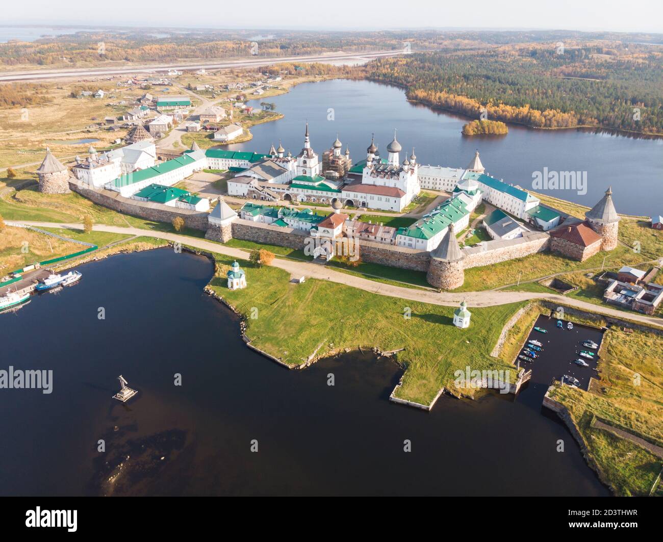 Bird's eye view of the Solovetsky Monastery and the village. Russia, Arkhangelsk region Stock Photo