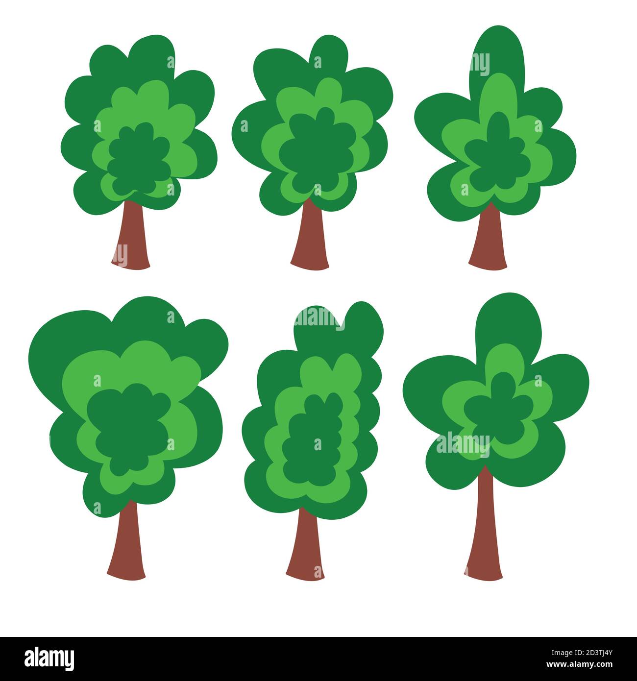 Set of green trees for design environment doodle cartoon style, isolate
