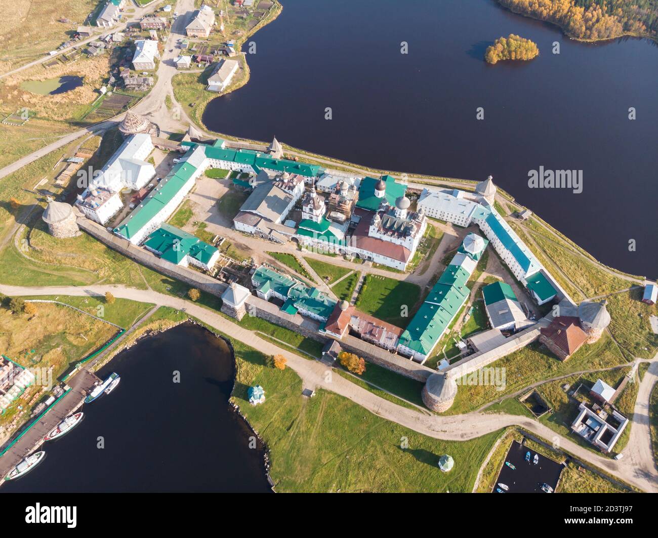 Bird's eye view of the Solovetsky Monastery and the village. Russia, Arkhangelsk region Stock Photo