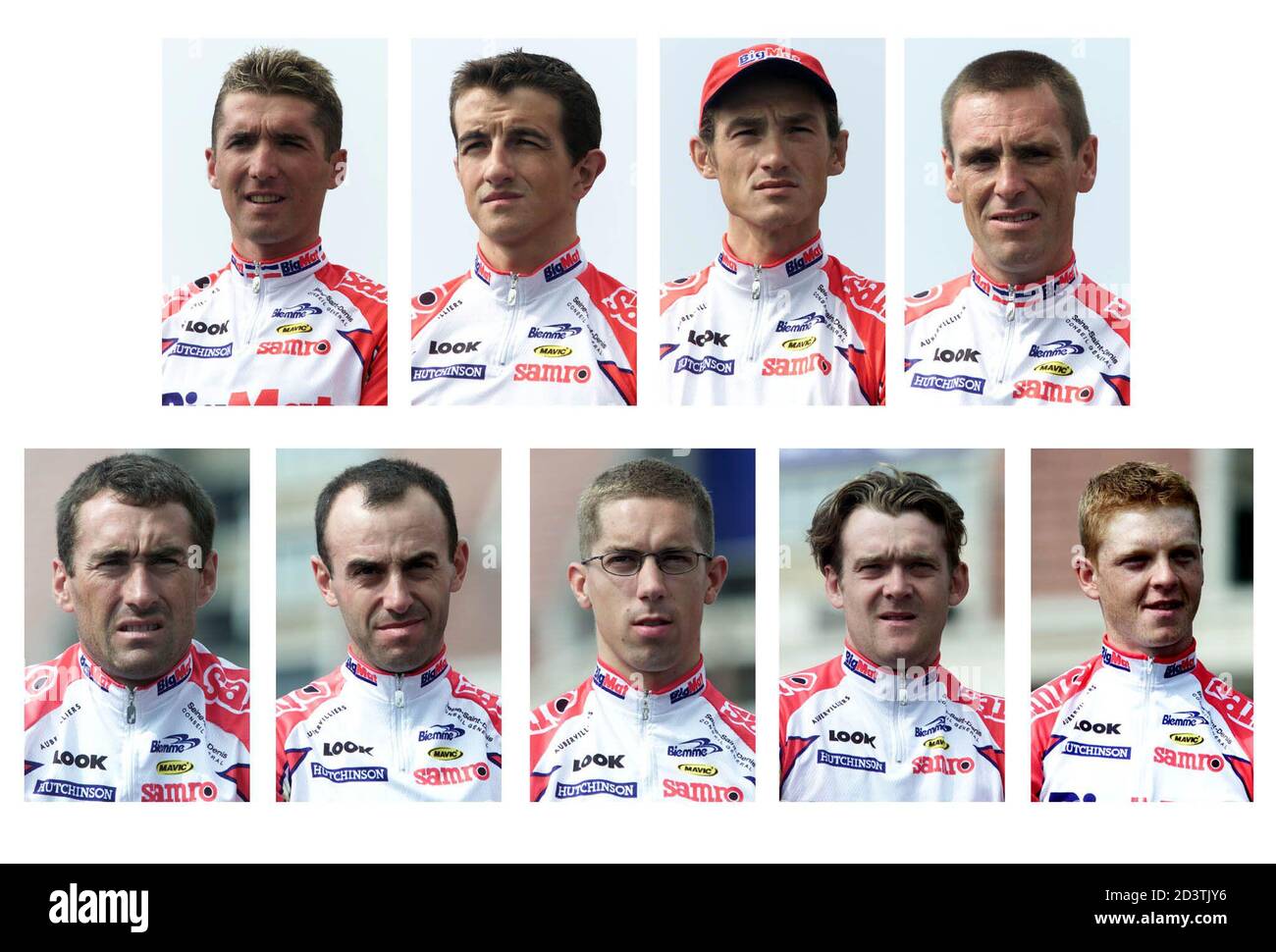 Aubert 93 cycling team members who are participating in the 2001 Tour de  France cycling race. Top row L-R: Stephane Heulot of France, Guillaume  Auger of France, Ludovic Auger of France, Chritophe