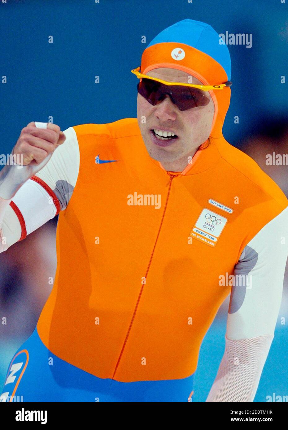 Dutch speed skater Gerard van Velde makes a fist after finishing the first  race of the men's 500m competition at the Salt Lake 2002 Olympic Winter  Games, February 11, 2002. Van Velde
