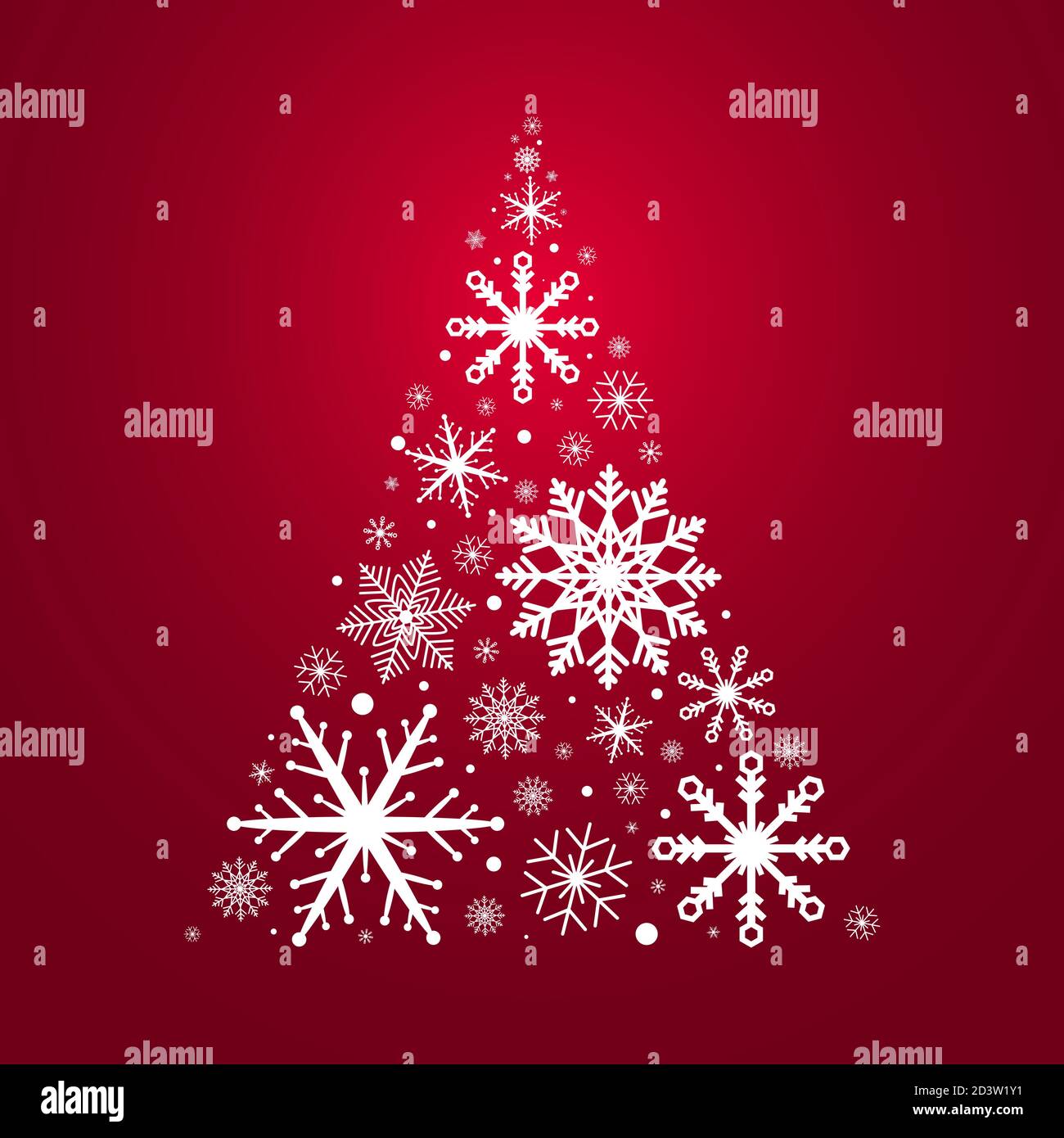 Christmas tree with white snowflakes and snow balls on red background