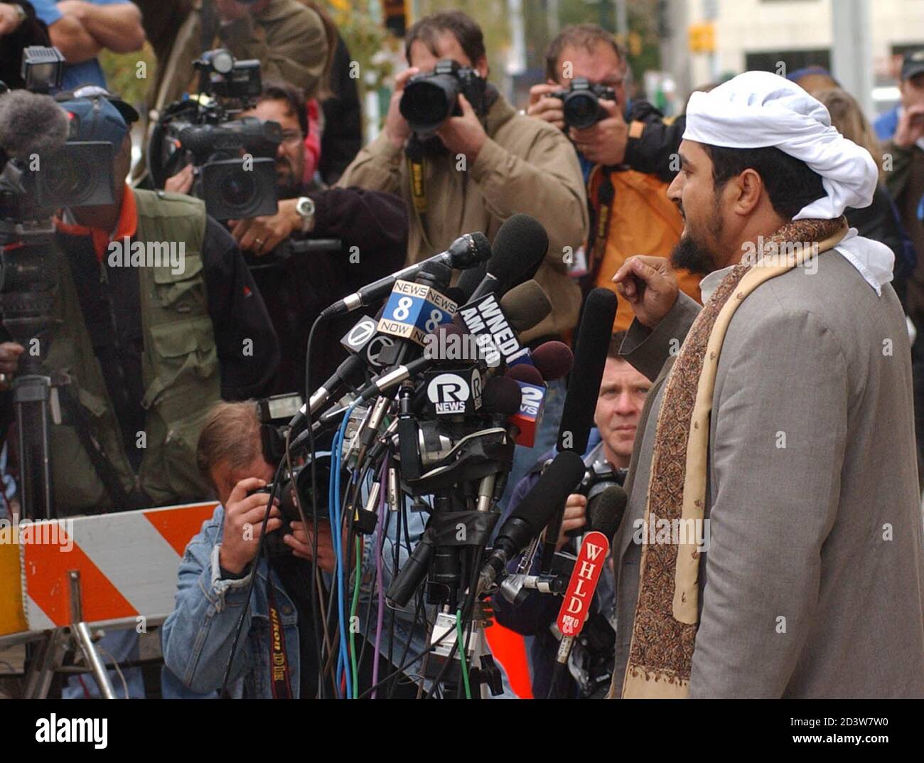 Abdul Wahab Ziad, Iman of Islamic Mosque in Lackawanna, NY, talks with  reporters outside the Federal Courthouse Buffalo, NY, on October 8, 2002. A  magistrate denied bail on Tuesday to five U.S.