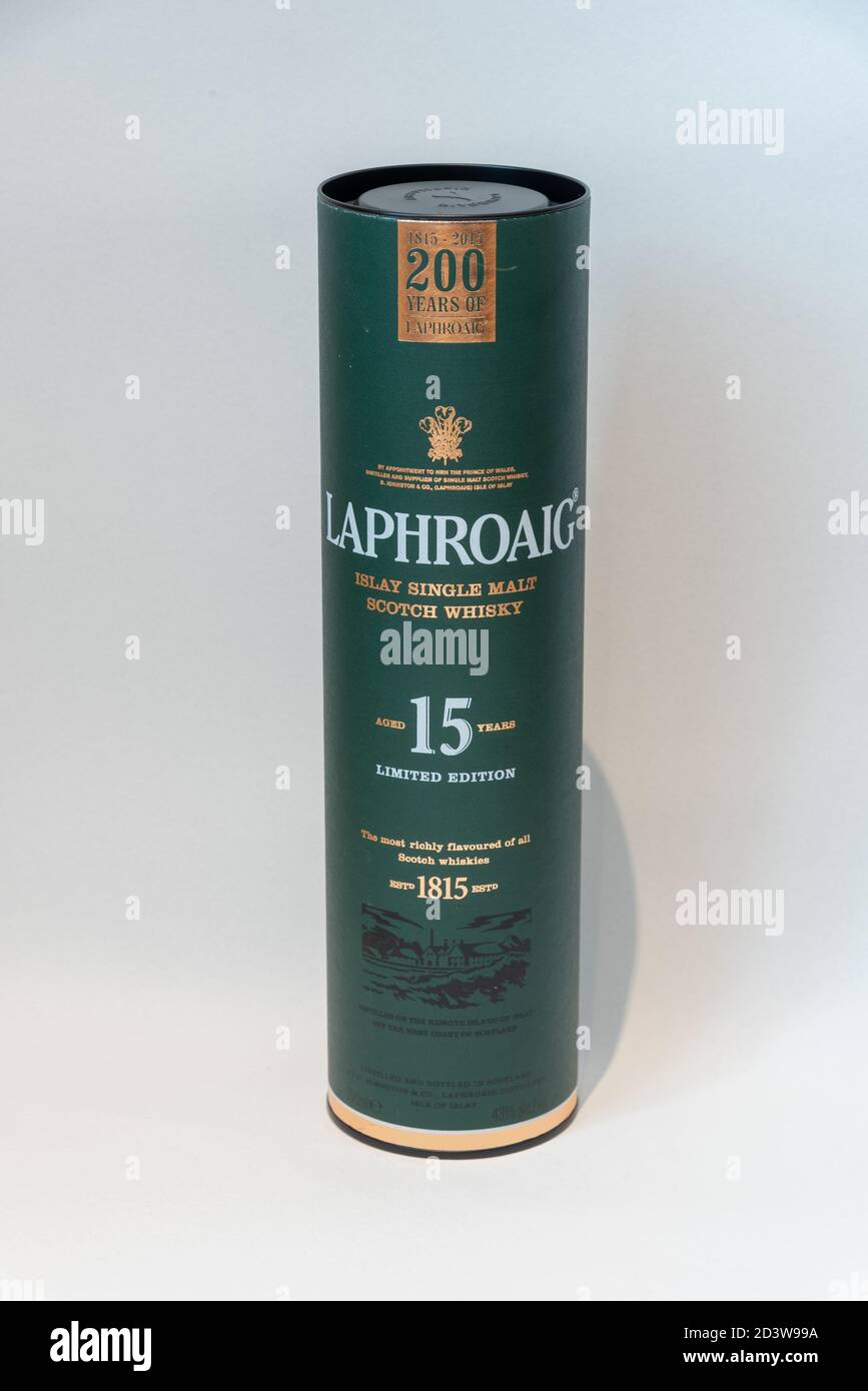 Single malt scotch whisky presentation box on white background. Stock Photo