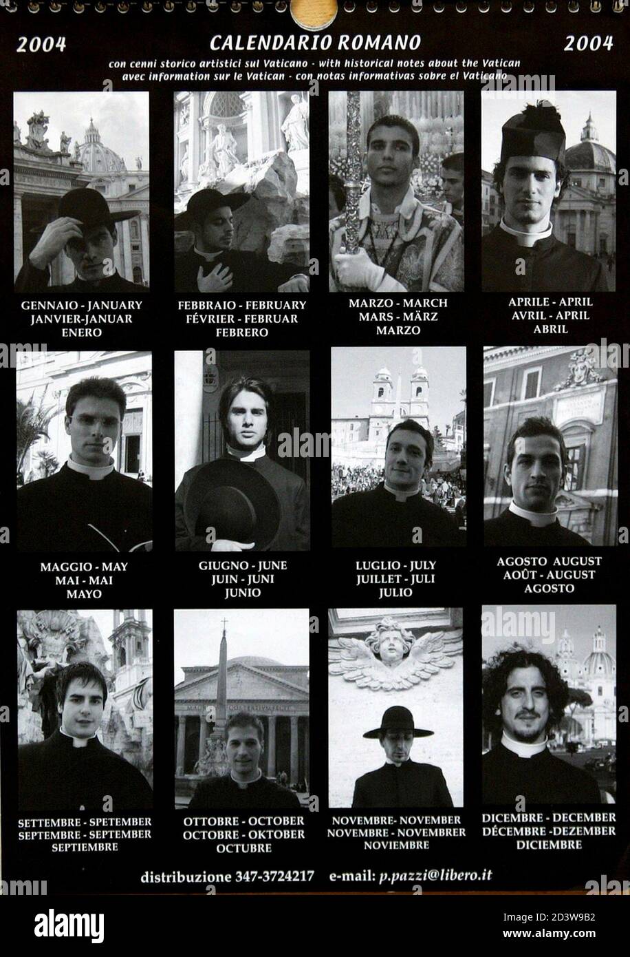 A reproduction photograph released on April 21, 2003 shows all 12 months  within the "Calendario Romano 2004". The calendar by Italian photographer  Piero Pazzi, features Italian priests and seminarians posing in front