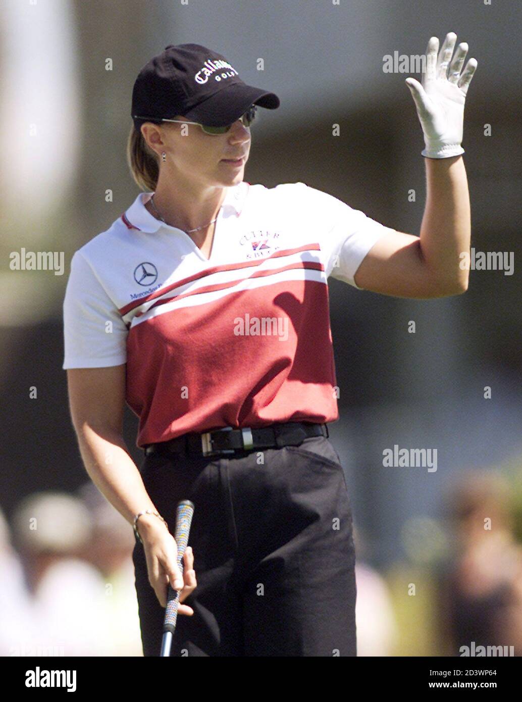 Annika Sorenstam, of Stockholm, Sweden, acknowledges the crowd on the tenth  tee before starting her first round of the Safeway Ping Tournament in  Phoenix, Arizona, March 20, 2003. Sorenstam is competing in