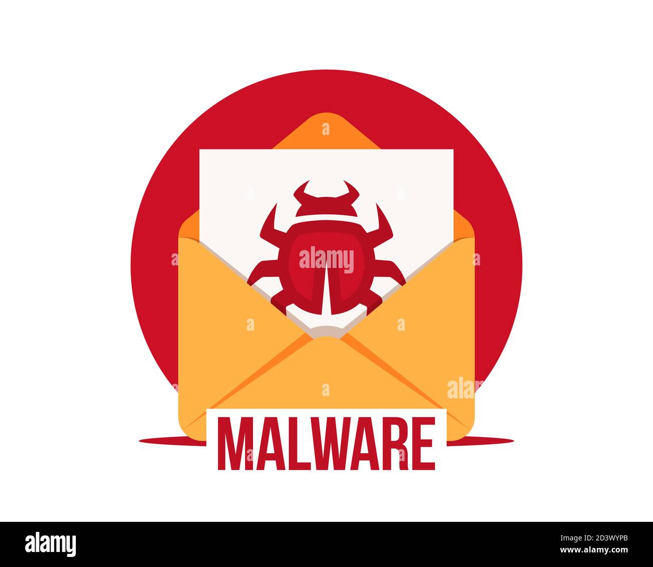 Malware by email vector icon. Virus in the letter. Virus, malware, email fraud, e-mail spam, phishing scam, hacker attack concept. Cyber crime Stock Vector