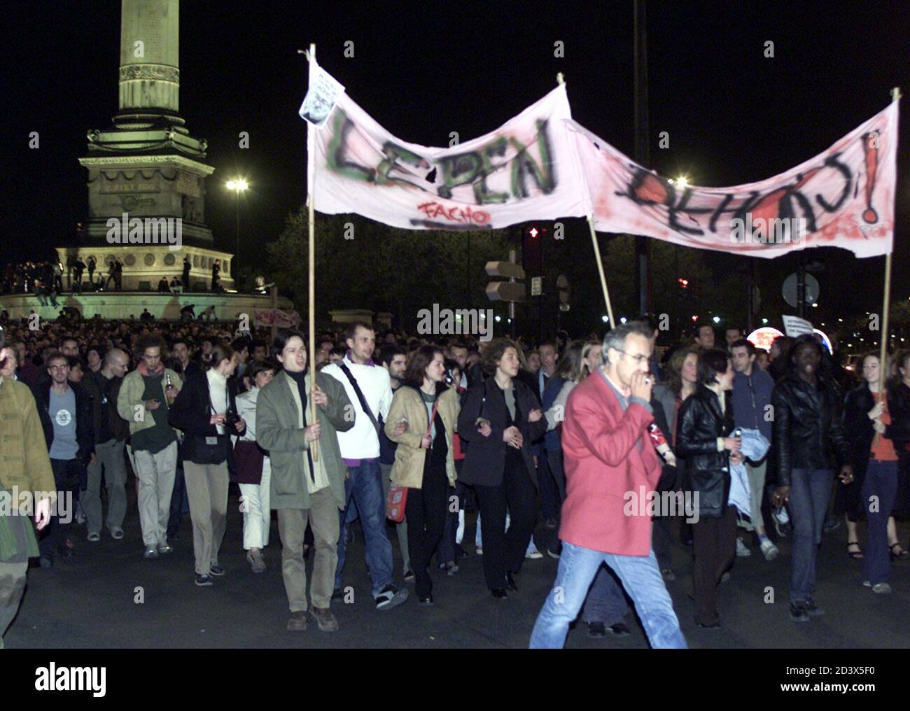 Leftist demonstrators protest the election win by French far right National  Front party leader [Jean-Marie Le Pen] at Paris's Place de la Bastille,  April 21, 2002. [Socialist Prime Minister Lionel Jospin, who