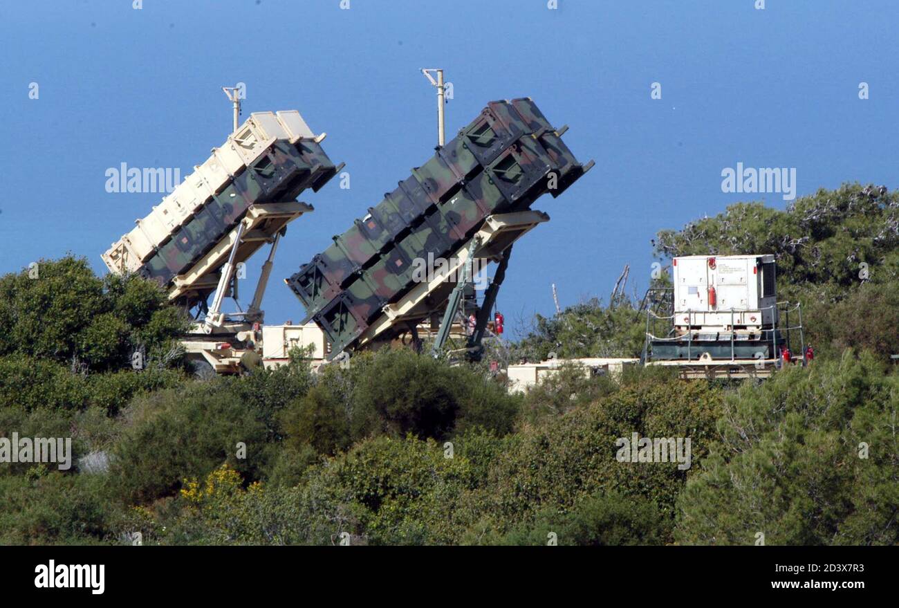 A Patriot anti-missile system is deployed at a joint U.S. and Israeli military outpost on Mount Carmel in Haifa, March 10, 2003. Israel is preparing to take action against possible chemical or biological agents in the event of an Iraqi missile attack if the U.S. goes to war with Iraq. REUTERS/Baz Ratner Stock Photo