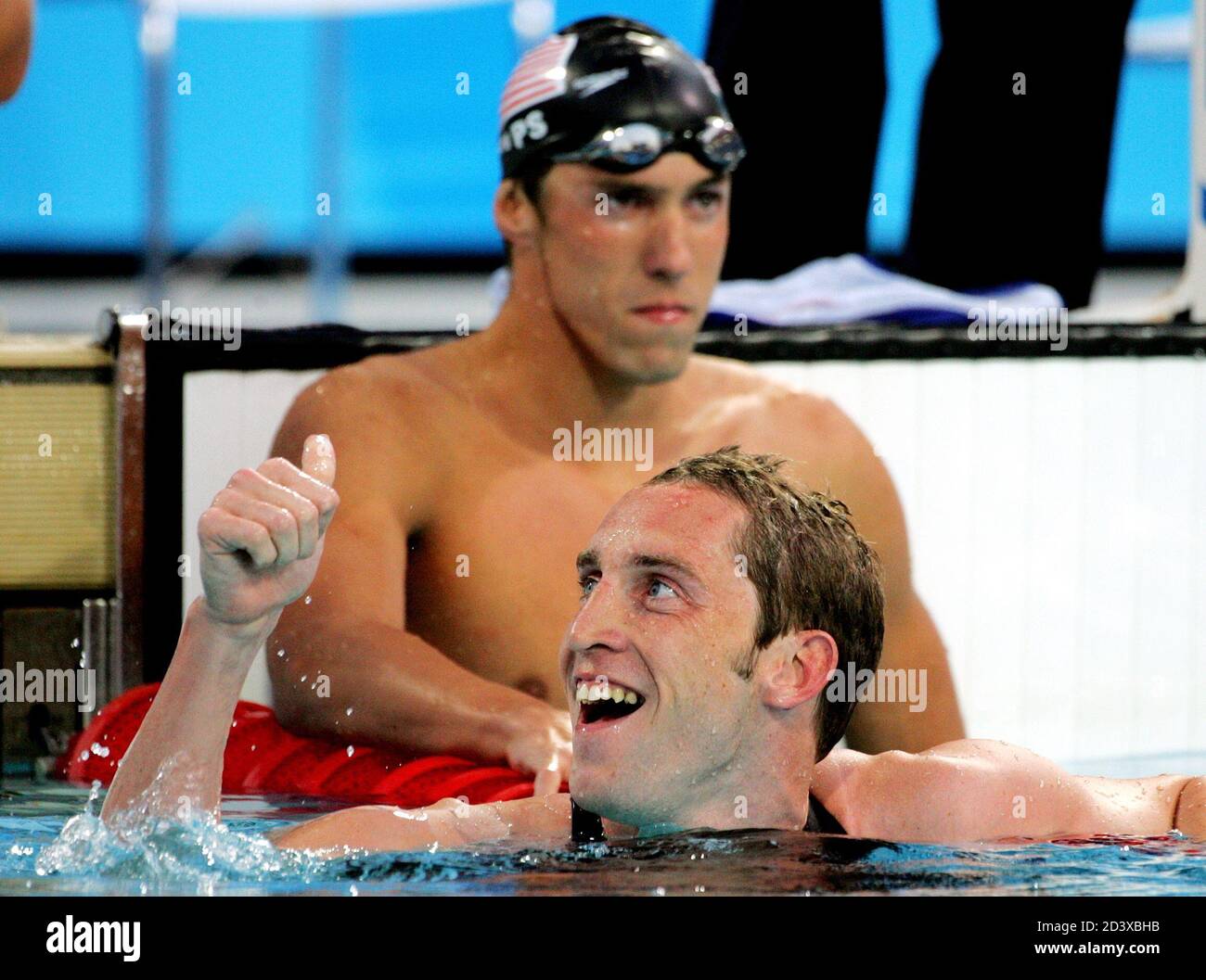 Stephen Parry Front From Britain Celebrates His 200 Metres Men S Butterfly Bronze Medal At The Olympic Aquatic Centre August 17 2004 At The Athens 2004 Olympic Games Michael Phelps Background